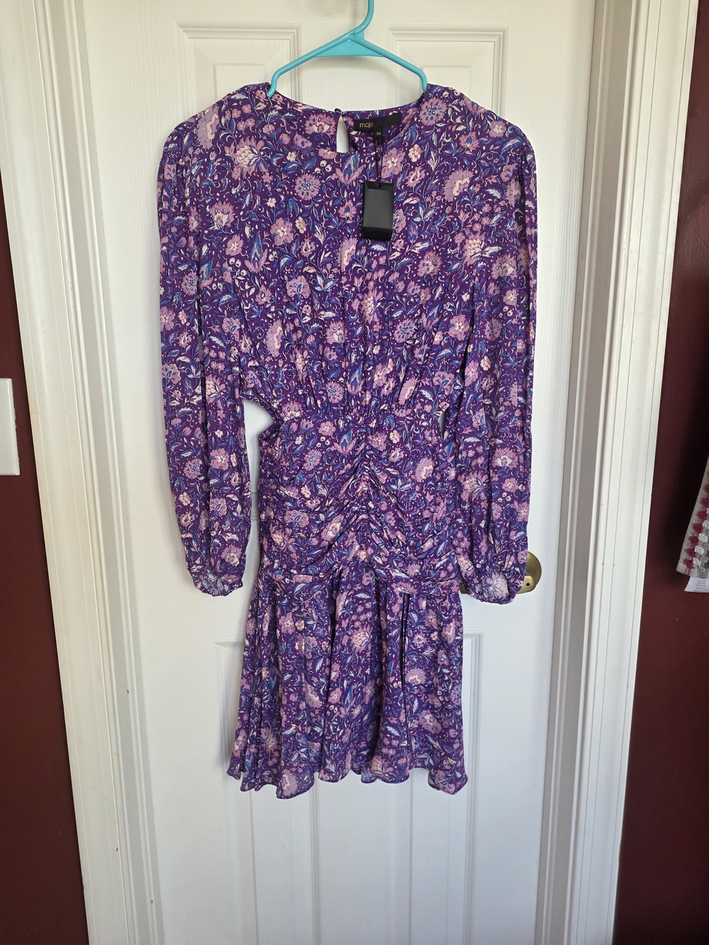Maje Purple Floral Long-Sleeve Ruched Waist Dress